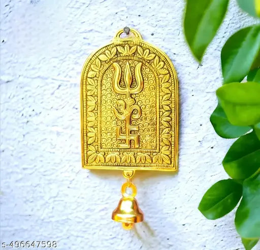 SP Handicrafts Metal Om Trishul Swastik Trishakti Yantra Door/Wall Hanging for Home, Office & Shops (5.5x3.5 inch_Gold)