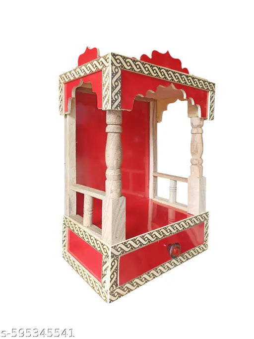sita ji Elegant Red Wooden Home Temple with Drawer – 45x32x22 cm, 1.7 kg