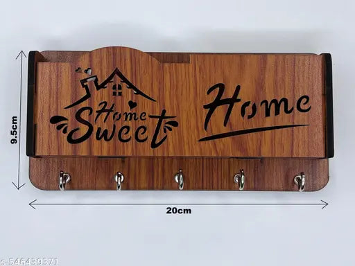 KusumCrafts Beautiful Wooden Key Holder For Wall Home Decor, Mobile Phone Stand With Two Compartments and Side Shelf Wood Key Holder( Pack of 1 )