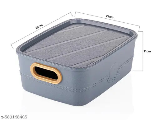 Plastic Multipurpose Solitaire Storage Basket with Lid|Side Handles & Wovan Design|Size 28 x 21 x 11 CM|Pack of 3 (Multi)