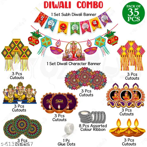 Zyozique® Diwali Festival Decorations Set, Paper Banner with Ganesha Motifs, Shubh Deepavali Paper Banner With Diya Motifs, Traditional Hanging Decor Cutouts Multicolor - Pack Of 35