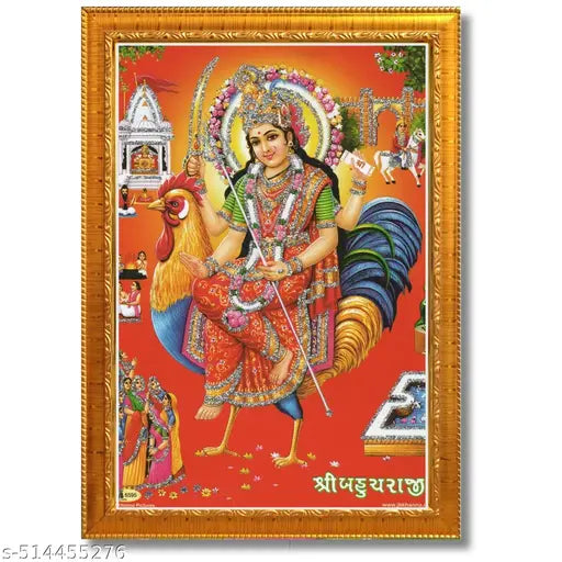 CRAFT QUEST Bahuchar Maa Mata Bahuchara Bahucharaji Wall Painting Framed Home Decor (Wood,Matte,Gold,Small Size,6 x 8 Inch)