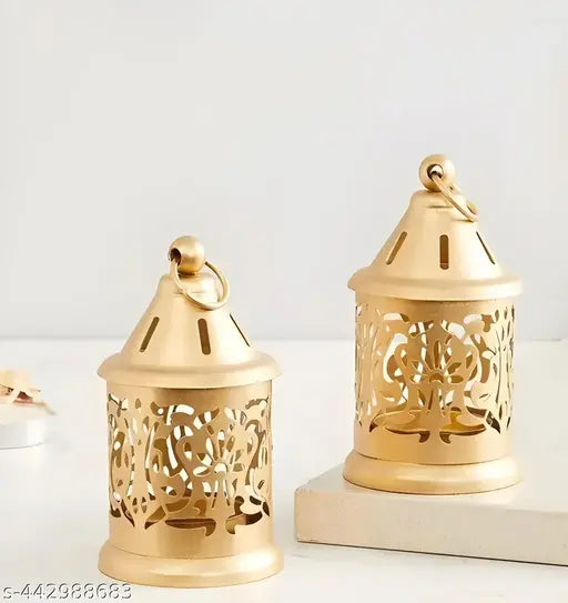 Moon International Luxury Golden Lantern Set of 2 Gold Decorative Lighting Stylish Lantern Design Gold Table Lantern Metallic Lantern Diwali & Navrat Decoration T light holder for Home Decor / Office Decoration / Diwali Gifs / Best for Anniversary.
