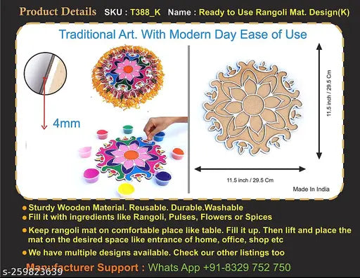 Reusable Rangoli Template Mat. Readymade Rangoli Stencil. Just Fill with Rangoli or Petals. Traditional Design. Modern Day Ease of Use. Washable. Float on Water.  (Design K))
