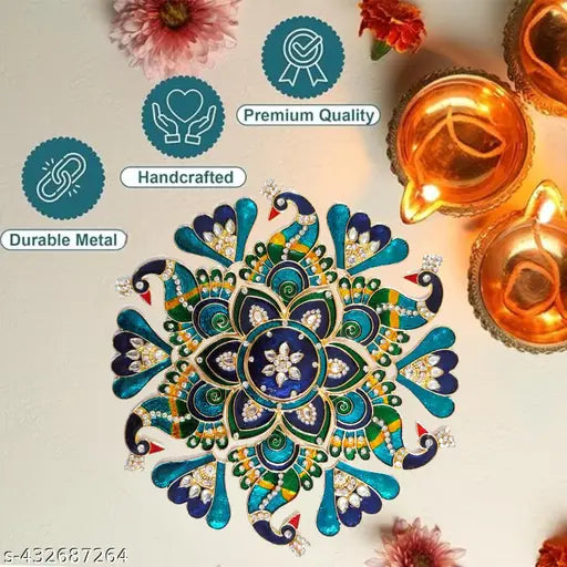 Kala Samarpan Foldable Metal Rangoli with Meenakari Peacock Design | 8x8 Inch | Multicolor | Easy to Use