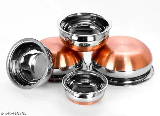 Stainless Steel Copper Base Serving Bowls Handi Set of 5 Pieces , Handi Set with Serving Bowl Set/Cookware Set/Sauce Pot and handis (250ml, 500ml, 1000ml, 1500ml, 2000ml)