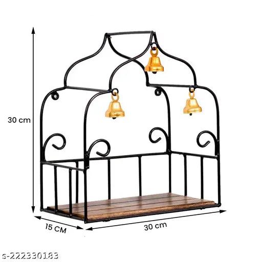 Wall Mounted Shelf Hanging Puja Temple Shelf with Bell Stylish Iron & Wood God Stand for Pooja Room Mandir Stand Temple | Home Temple Shelf for Mandir  Home Temple