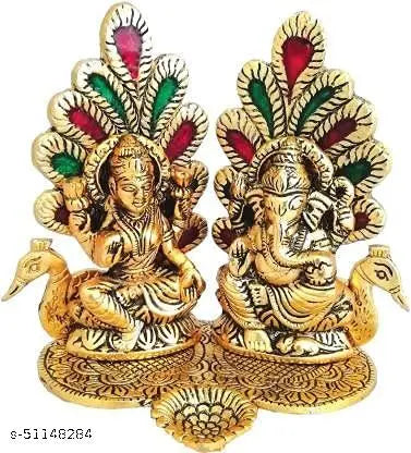 A&S VENTURES Laxmi Ganesh Idol Statue with Diya Peacock Design Decorative Showpiece for Diwali pooja , Temple , Gifting - 14 cm (Metal, Gold) (Laxmi Ganesh Gold)