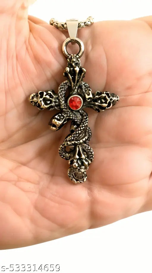RAPPERSSHOP Snake Red Stone Head Pendant + Christian Holy Cross Necklace Combo for Men & Women | Silver, Rhodium, Brass, Copper Stainless Steel Lockets | Gothic & Spiritual Jewelry Set