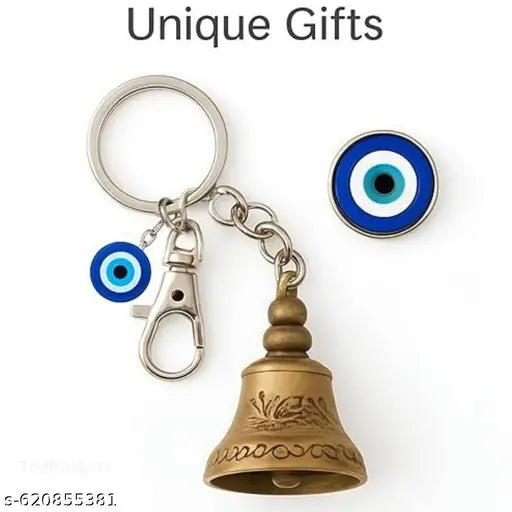 Guardian Bell Keychain for Bike & Car | Tibetan Texture Bell with Evil Eye & Silver Hook | Good Luck Protection Charm Keychain