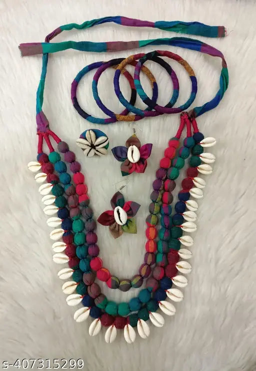3 Layer Fabric Cowrie Necklace With Finger Ring, Earrings & 4 pieces Bangle Set