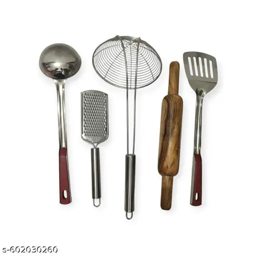 Stainless Steel Kitchen Tool Set with Rolling Pin – 5 Piece Cooking Utensils for Home