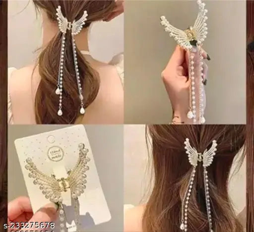Dazzle Pearl Tassel Butterfly Style Hair Claw Clip Metal Clutcher Claw Clamps Korean Style Wedding Hair Accessories For Girls And Woman (Pack of 1)