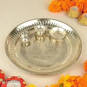 Adya Studio Beautiful Stainless Steel 12 inch Pooja Thali Set - Puja Thali for Diwali, Dhanteras, Durga Pooja | Puja Thali for Gifting |