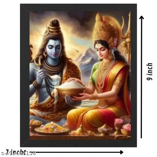 Hindu Religious Shiva and Maa Annapurna Devi Design Wall Art Painting Frame For Home Decoration And Gifting, Traditional Temple Artwork (7x9 inch)