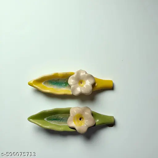 Kraftlik Handicrafts Leaf Ceramic Incense Stick Holder | Stylish Leaf-Shaped Agarbatti Stand for Pooja & Home Décor – Decorative Ceramic Showpiece Set of 2 (YELLOW-GREEN)