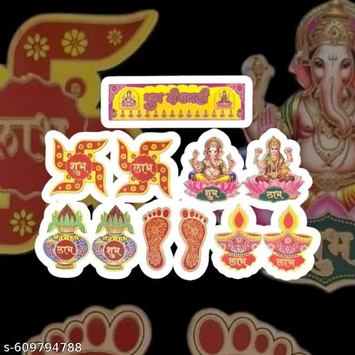 Decorate your home this Diwali with our premium MDF sticker combo set. Includes Shubh Labh, Laxmi Ganesh, Kalash, Charan Paduka & Diyas. Perfect for pooja room, doors, mandir & gifting. Durable, vibrant & reusable festive decor.