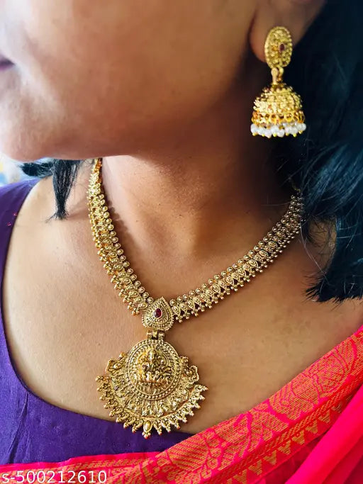 Antique Matte Gold-Plated Lakshmi Temple Necklace Set with Designer Jhumkas.Lakshmi Devi pendant.ornate jhumka earrings.