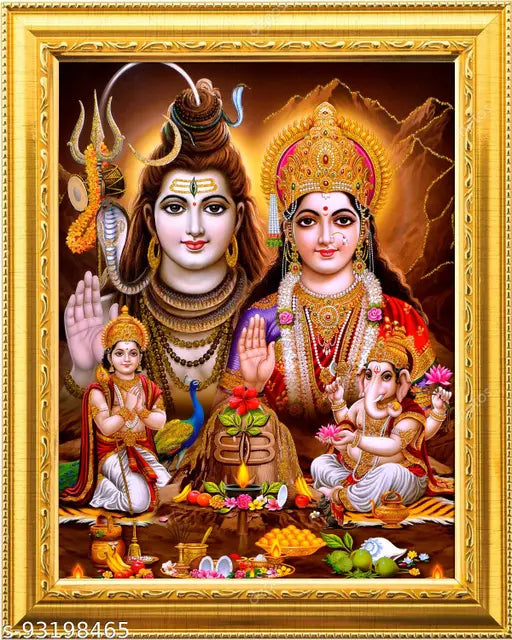 Shiva Parvati with Ganesh ji/Shiv parivar Photo Frame for Wall Hanging/Gift/Temple/puja Room/Home Decor Golden Frame with Laminated(6inchesx8inches)