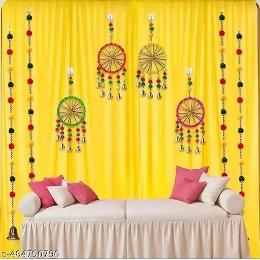 P-YOG Haldi Decoration Items for Marriage - 10 Pcs Pom Pom Hangings for Decoration, with Yellow Backdrop Cloth for Decoration | Ganpati Decoration Items for Home | Janmashtami Decoration Items