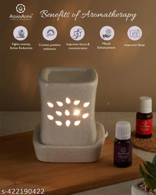 Handcrafted Ceramic Electric Aroma Diffuser| Aroma Oil Burner for Aromatherapy| Home Decor and Fragrance with Aroma Oils (Set of 1, Fragnance-Rosy Romance, English Lavender 10ML Each)