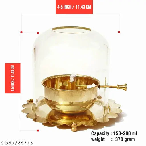 M.A COLLECTION - 100% Pure Brass Akhand Jyot Diya with Adjustable Bati Knob, Wick Lifting Screw Lever & Borosilicate Glass Cover (5.5inch, 150-200 ml Oil Capacity, Stay Lit for 24 Hours, Wick Included)