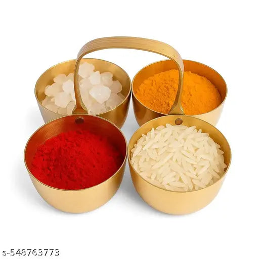 Brass Pooja Thali Set with Haldi Kumkum Rice Mishri | 4-in-1 Pooja Samagri Bowl Set with Handle | Temple Ritual Item for Home & Festival Use