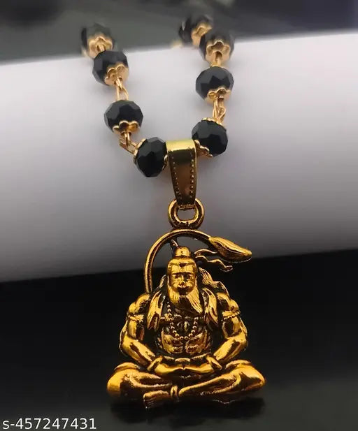 trending stylish new religious gold plated lord Hanuman bajarangBali Bala ji locket with black glass mala chain pandent Necklace for boys/men and girls/women