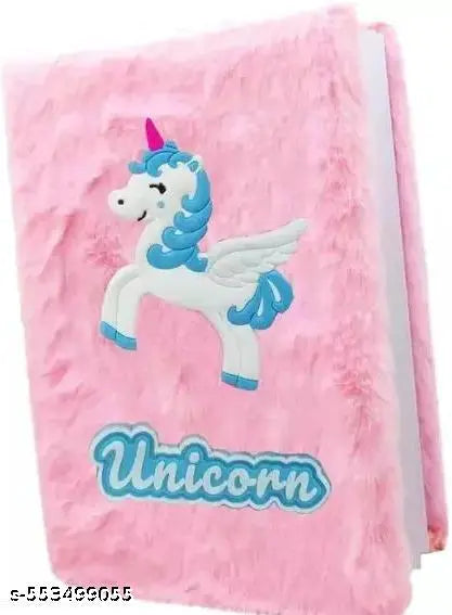 Unicorn fur diary small pocket a6 size notebook with pink feather pouch , water glitter pen , pencil , eraser * sharpener, school stationary supply for girls kids ( pack of 11 items ).