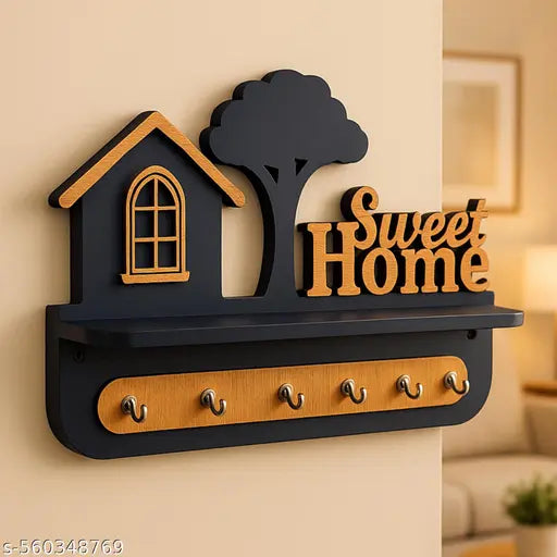 Attractive Premium Wooden Key Holder Cum Mobile Charging Holder with 7 Stainless Still Hooks .