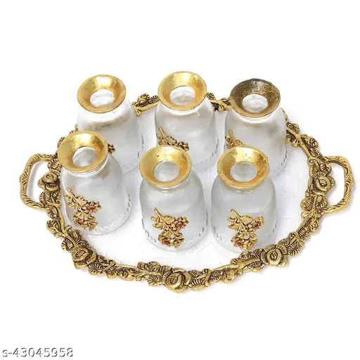 shrisha creation Set of Antique Oxidized Metal Acrylic and Glass Made A Tray with 6 Glasses | Set of 7 | Golden | Tray Size - 14 x 11 x 1 in | Glass Size - 2.7 X 2.7 X 4 in | Weight - 1600gm-both
