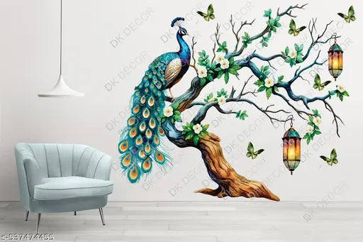 WINNING CRAFT  Peacock Wall Sticker Home Decoration | Colorful Peacock Decal Living Room | Elegant Wall Art Sticker Hanging Lanterns