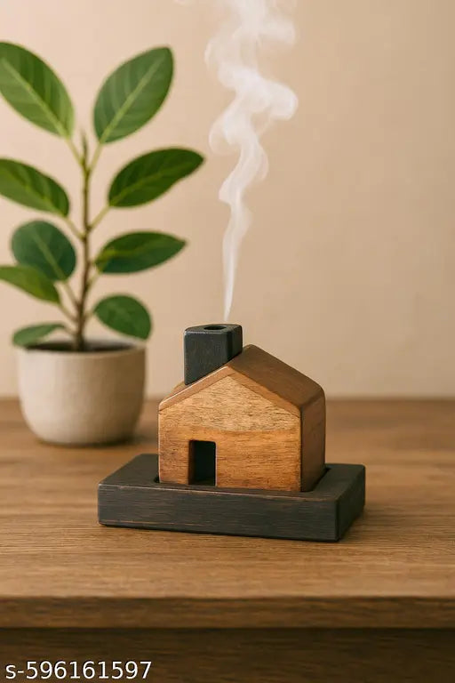 Wrightwood Wooden House Incense Holder, Wooden Base, Decorative Smoke Effect with Four Free Different Incense Cones(dhoop batti)