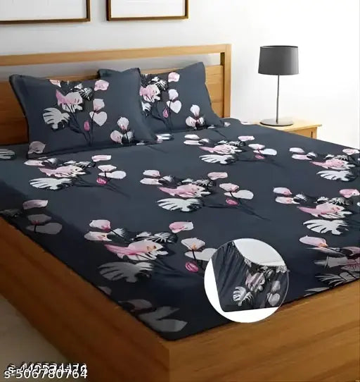 Super Soft Glace Cotton All Round Elastic Fitted Bed Bedsheet Double King Size Bedsheet 72x78x8 Inches with 2 Pillow Covers