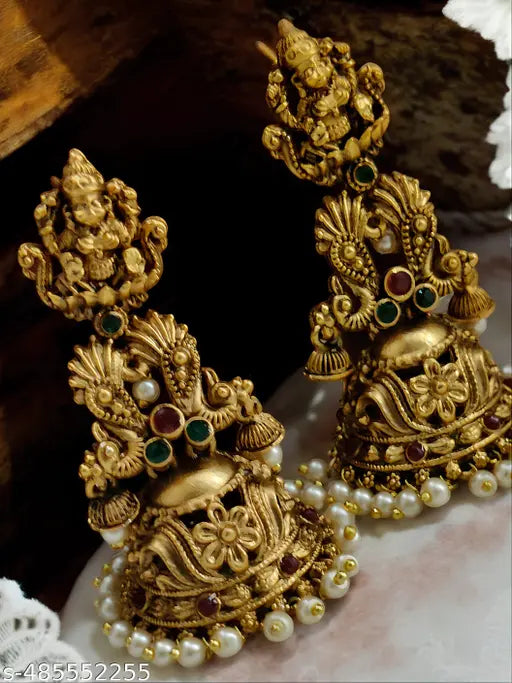 Myna jewellery premium quality jumka in temple finish comes with beautiful white swaroski pearls with Lakshmi engraving