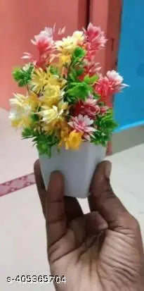 Artificial Flowers/Plant with Pot and Cute Bird on Top for Home Decor, Living Room, Balcony, Indoor/Outdoor Pack of 10