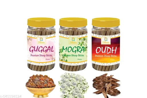 Dflora Dhoop Batti Puja Sticks Combo Pack Guggle , Mogra, Oudh free Dhoop Sticks holder for Prayer & Home Fragrance 300 gram Set