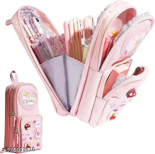 Kawaii Pencil Case Set: Spacious 3-Compartment Pouch with Peach Eraser & Mermaid Pen – Perfect for School, Office, and Gift Giving!