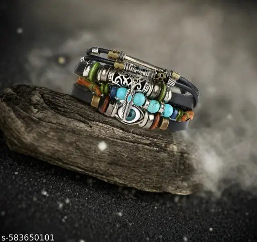 Shiva’s Jewels – Beautiful, Elegant, Stylish Couple’s Bracelet Set – Black Leather Men’s Bracelet & Colorful Beaded Women’s Bracelet with Evil Eye Charm – Fashion Jewelry for Couples