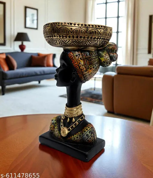 Decor Bazar™ African Lady Statue with Basket on Head | Decorative Organizer Showpiece for Tabletop, Home Decor, Living Room, Office & Gifting