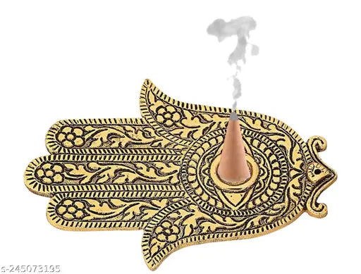 Incense Stick Holder Agarbatti Stand with Ash Catcher | Gold Polish Palm Shape | Made in India