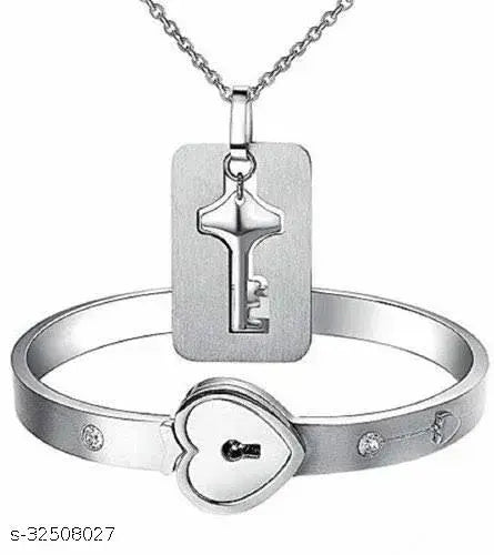 Valentine Gift jewellery couple bracelets Engraved Lock and Key Stainless Steel Couple Bracelet Pendant Necklace Set for Boys, Girls, Men & Women Girlfriend Boyfriend