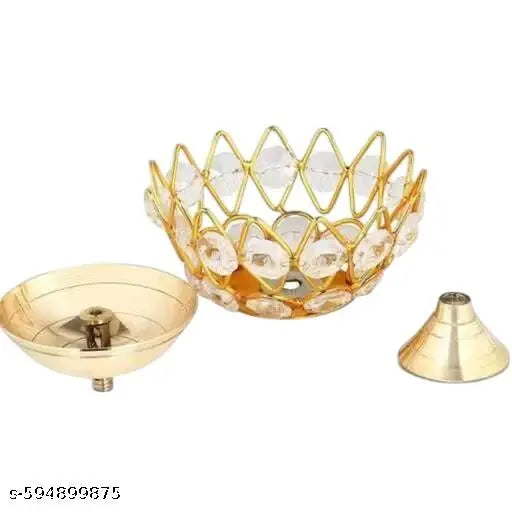 HUZUR JI Brass Oil Diya Lamp Pooja Article | Lotus Style Crystal Lamp Set of 2 Brass, Crystal (Pack of 2) Table Diya Set (Height: 2.5 inch)