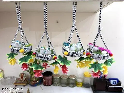 Pack of 04 Artificial Hanging Birds with Hanging Nest Showpiece With Birds for Home/Office/Kitchen Decorative Hanging Nest With Birds  Artificial Flower Marigold Flowers/Genda Phool Garlands Door Taran Set for Diwali l Door Hangings for Decoration