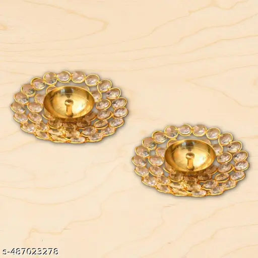 SANSKAARI -  Brass Crystal Diya Round Shape Deep Akhand Jyoti Oil Lamp for Home Temple Puja Decor Gifts Set of 2