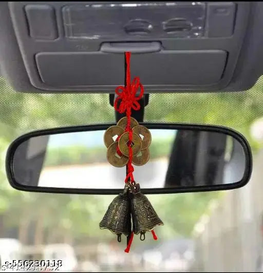 Fengshui Vastu Lucky Brass Hanging 2 Bell Six Coins Main Entrance Door Hanging for Home Office Wealth Prosperity Spiritual Decor