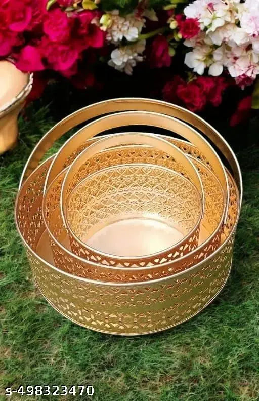 Pluxhomo pack of 3 Metal Basket with Gold Finish for Gifting/Decoration/Pooja Basket/Wedding (round)Basket.metal sheet multipurpose hamper Fancy Basket/Tray/Platter box with movable handles for Packing, Gifting, Decoration -Rose Gold finish
