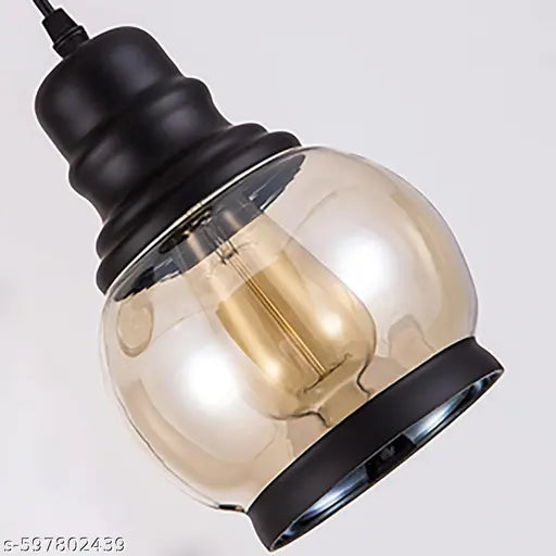 Kalawall Hanging Pendant Light, Black Metal and Glass Shade, Adjustable Cord, Decorative Ceiling Lamp for Living Room, Dining Room, Kitchen, Bedroom, Home Decor, Warm Glow (Amber)