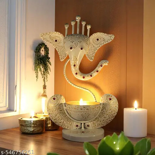 Handcrafted Ganesha T-Light Holder in Pearl Elegance Finish | Premium Home Temple Decor | 11 Inch