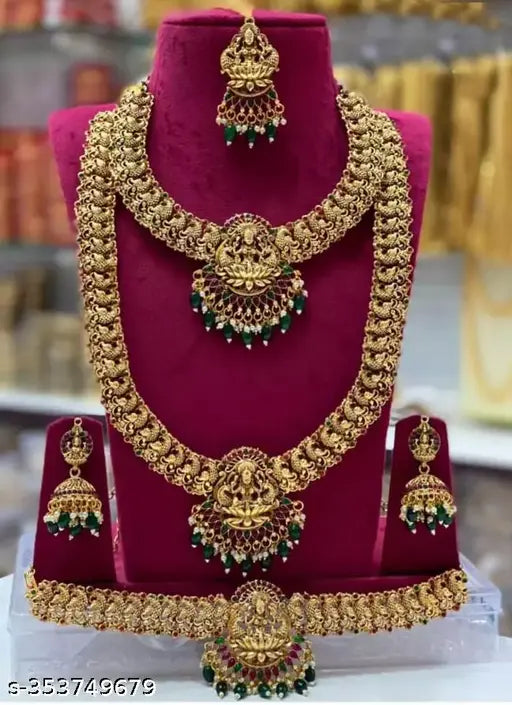Traditional South Indian Temple Jewellery Laxmi Design Semi Bridal Jewellery Set With Green And White Pearls (Drops) Paired With Earrings For Women And Girls Jewellery Set.